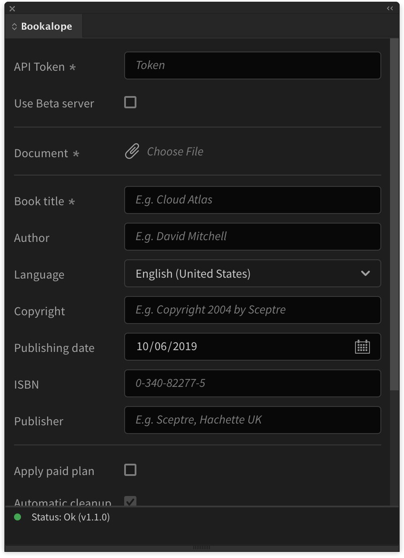 Bookalope InDesign: Upload panel