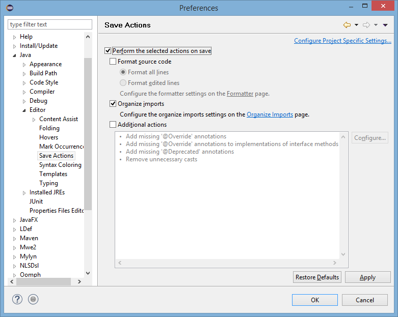 screenshot of Save Actions menu in Eclipse