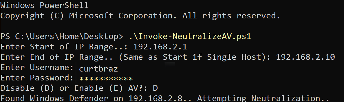 Invoke-NeutralizeAV Screenshot