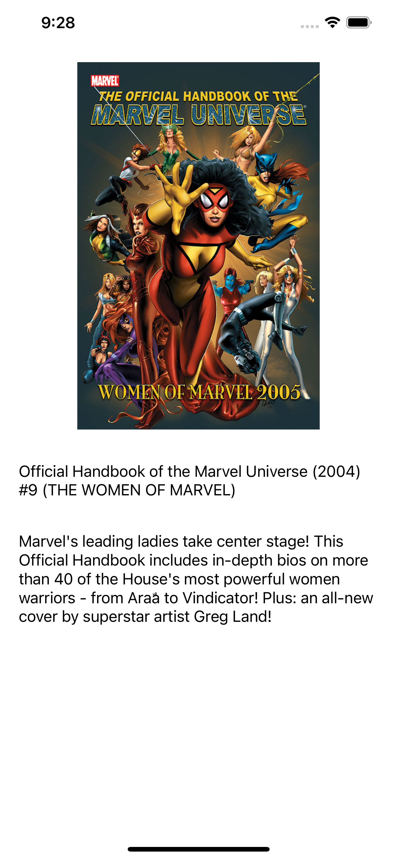 Screenshot of the iOS Application showing Women of Marvel's book title, description and cover image