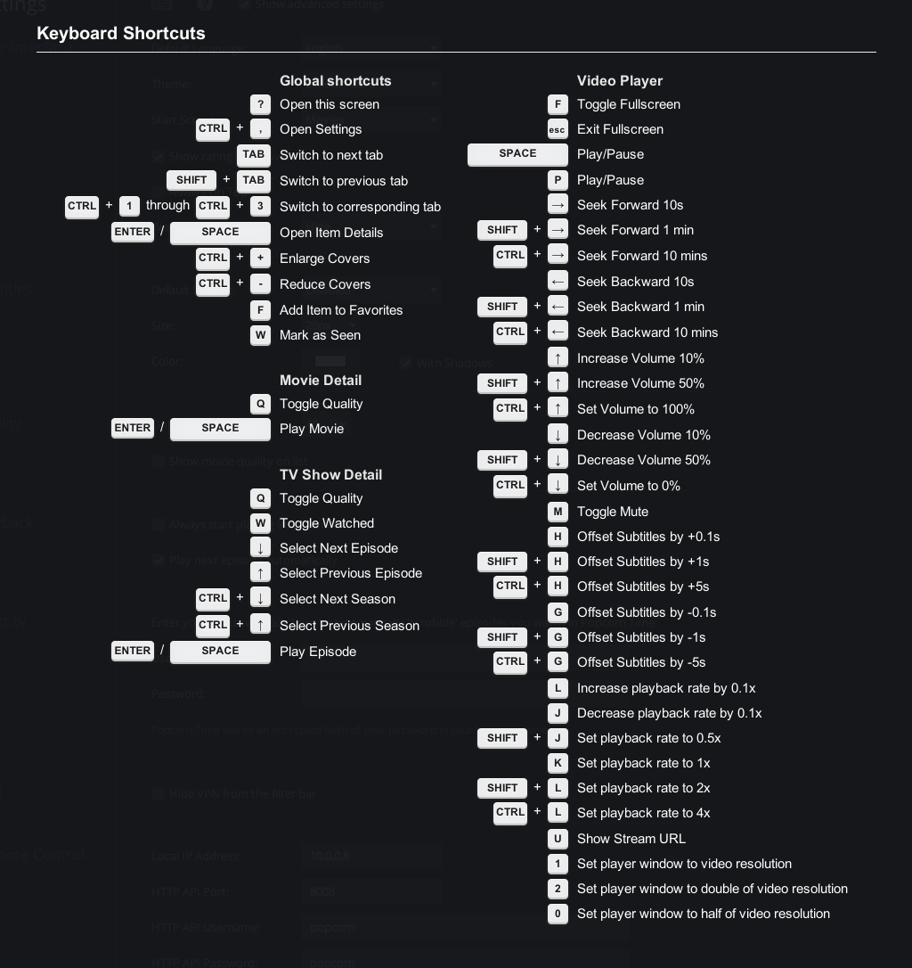 Image of Popcorn Time keyboard shortcuts