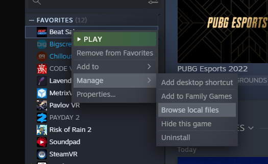 Beat Saber 1.18.3 folder in Steam