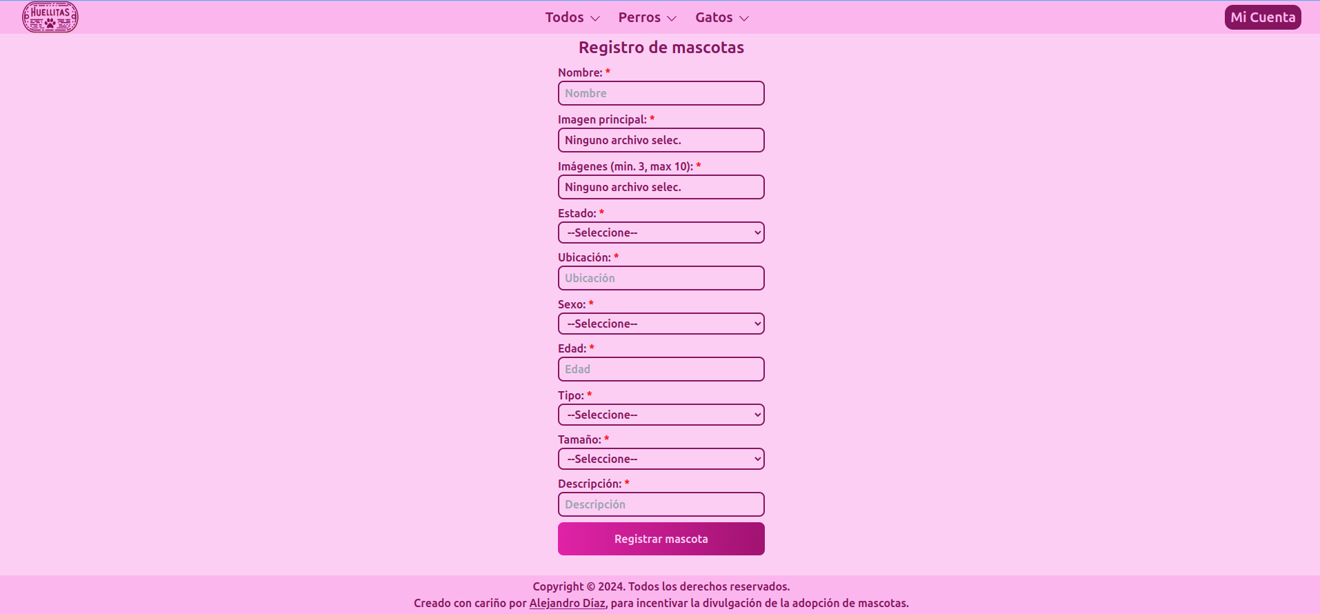 Image of the pet registration form from a desktop