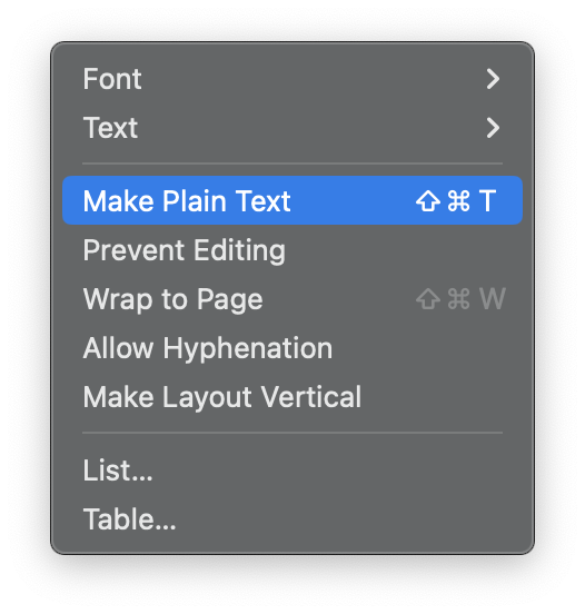 Menu bar selection of Format, Make Plain Text