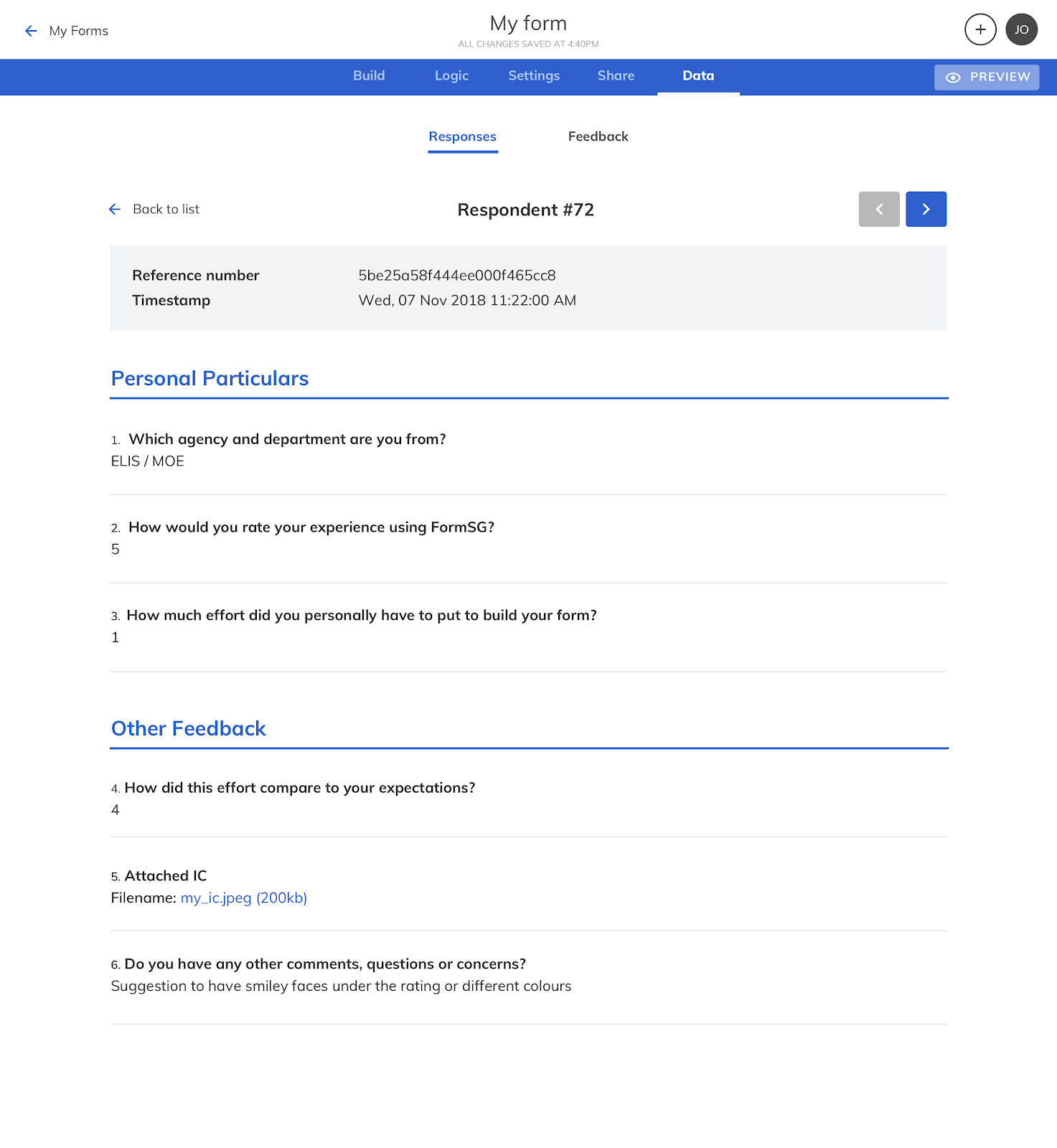 Form FAQ Storage Click Response