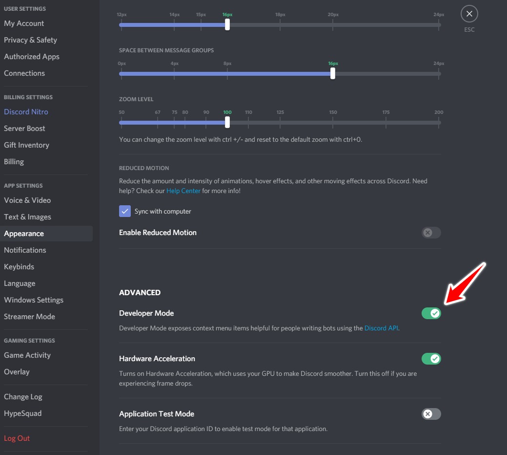 Discord Settings Enable Dev