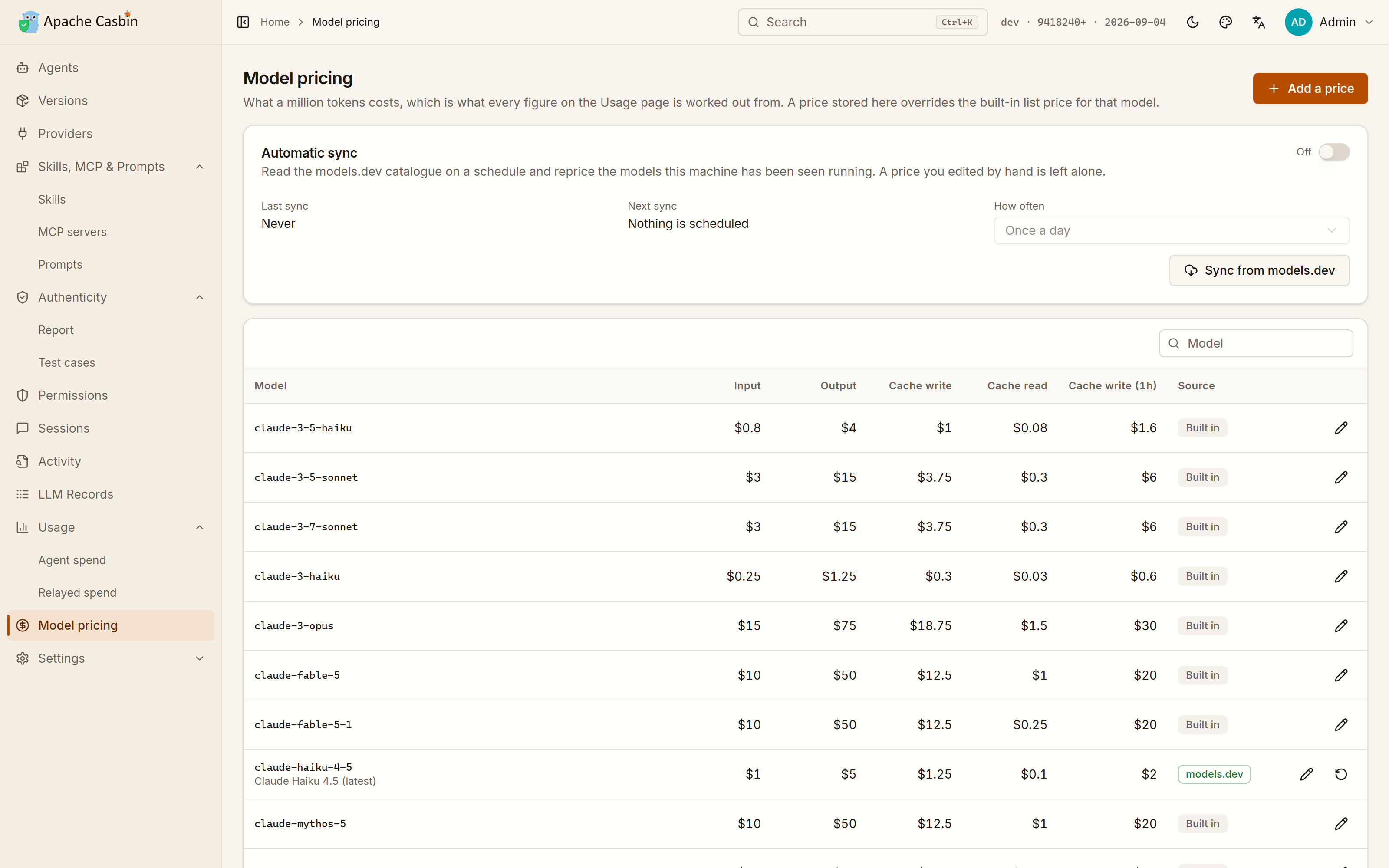 Model pricing