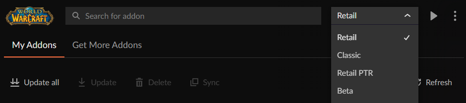 The game installation dropdown