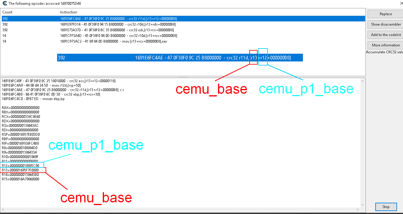 Finding cemu_base and cemu_p1_addr