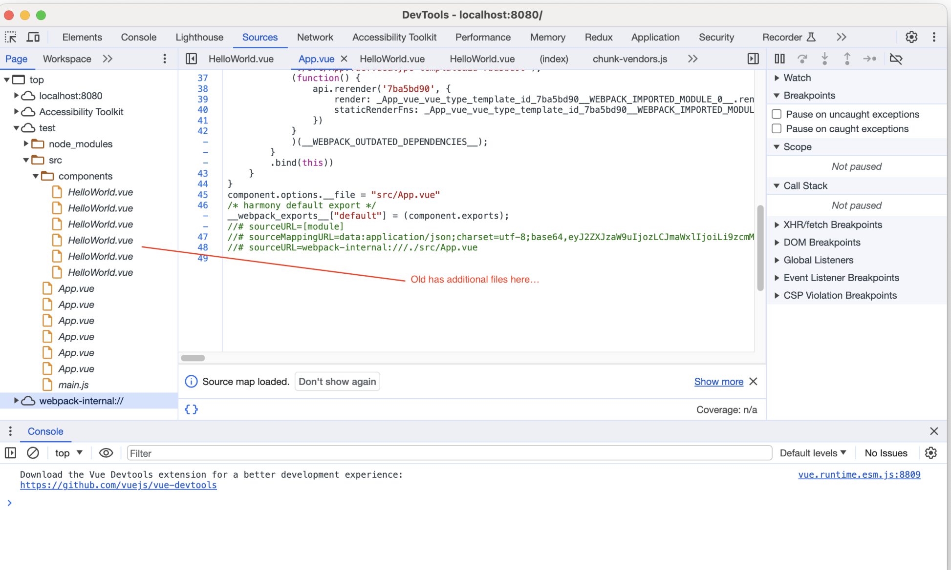 Picture from Chrome dev tools sources tab showing complete set of files from a new project as we would expect