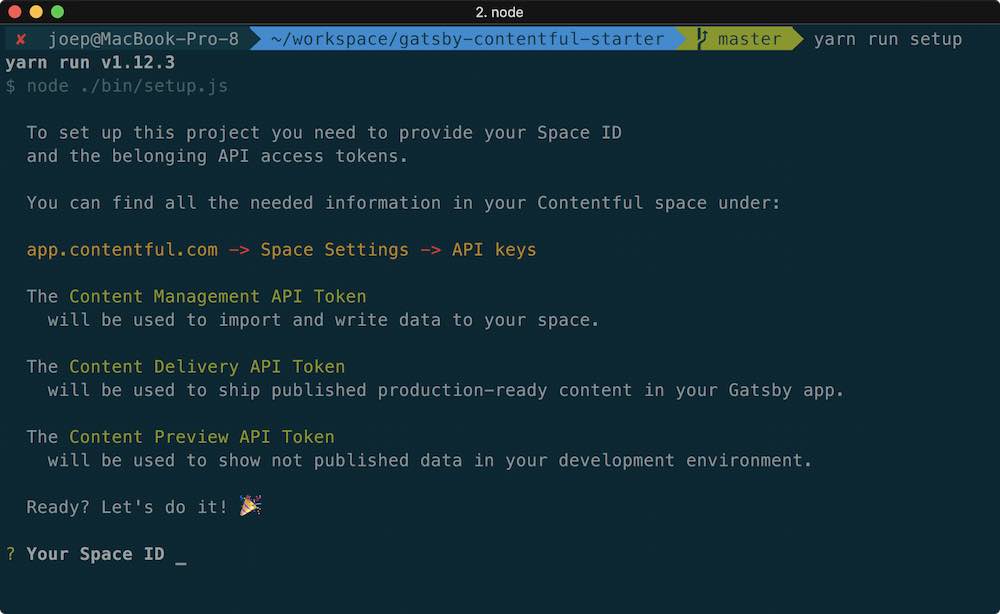 Command line dialog of the npm run setup command