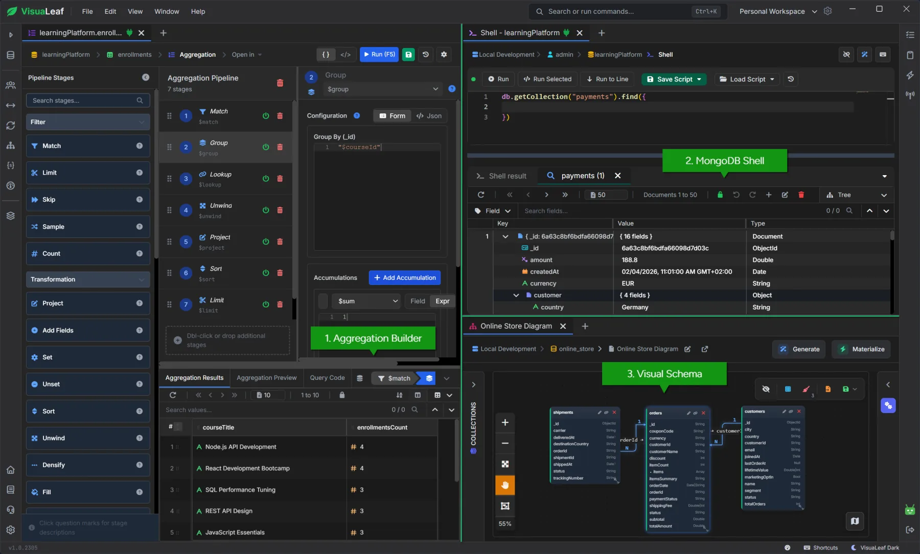 Split panel views — compare MongoDB queries and data side by side
