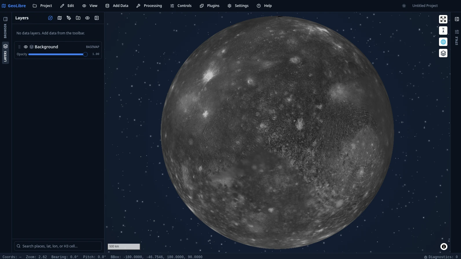 GeoLibre globe view of Callisto over a starfield backdrop