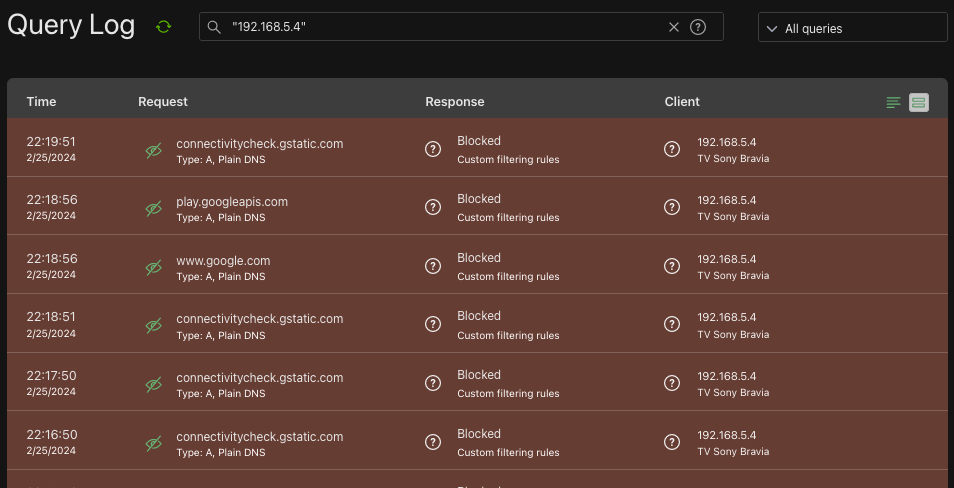 Some of blocked request from TV in stand by mode, screen from Adguard Home