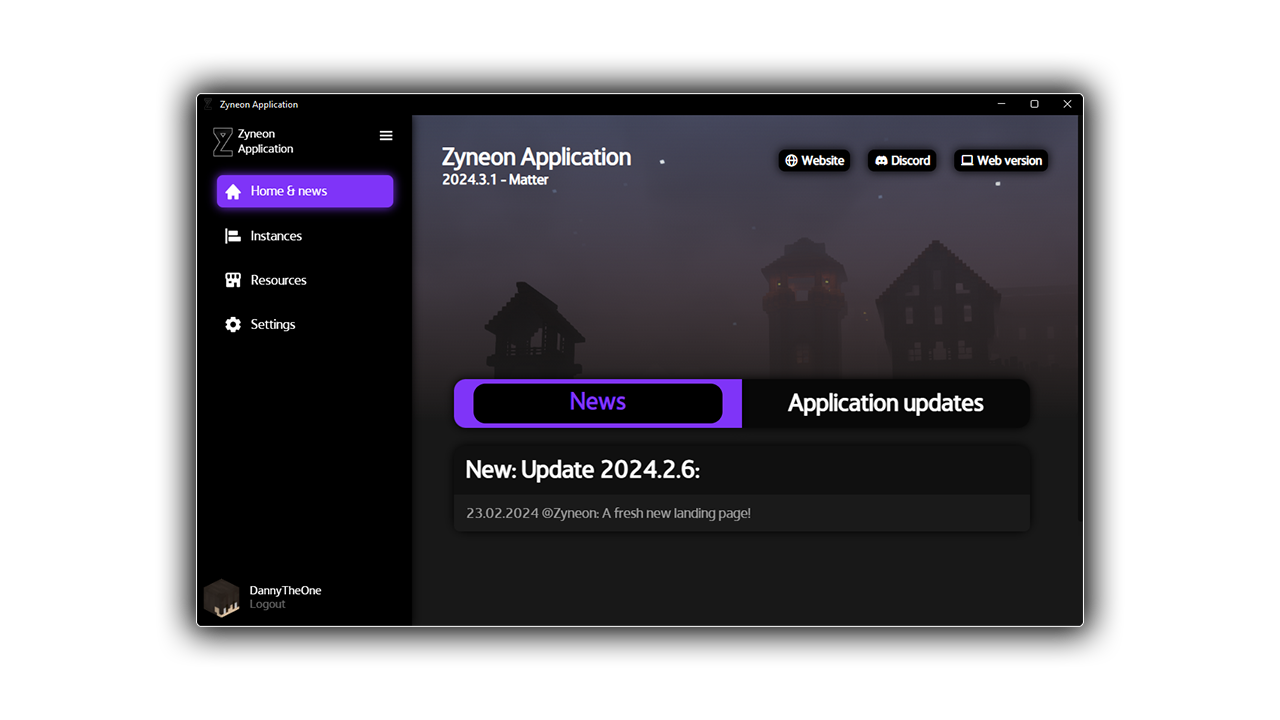 Zyneon application start screen