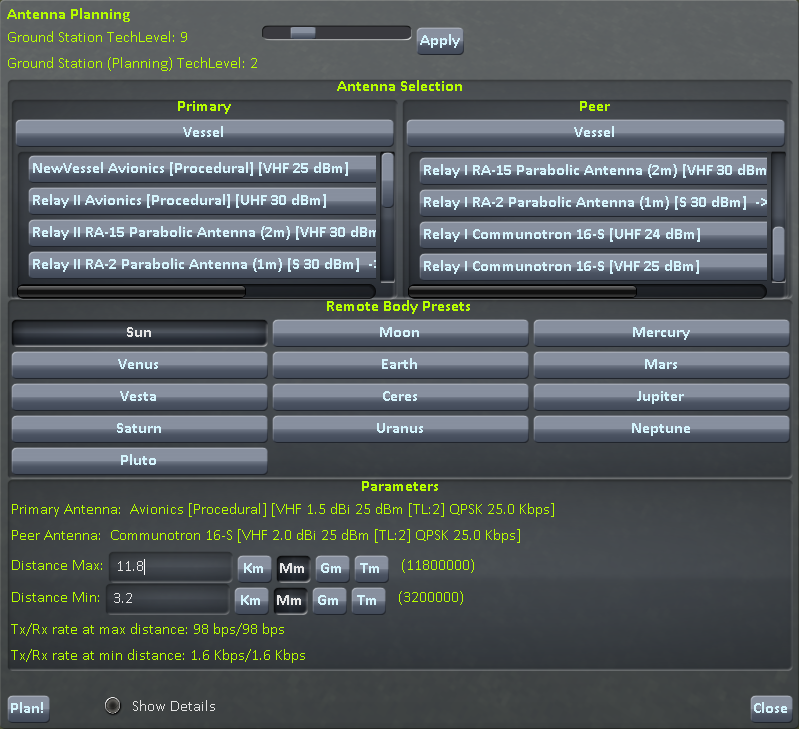 Example planning GUI layout for MEO relay network