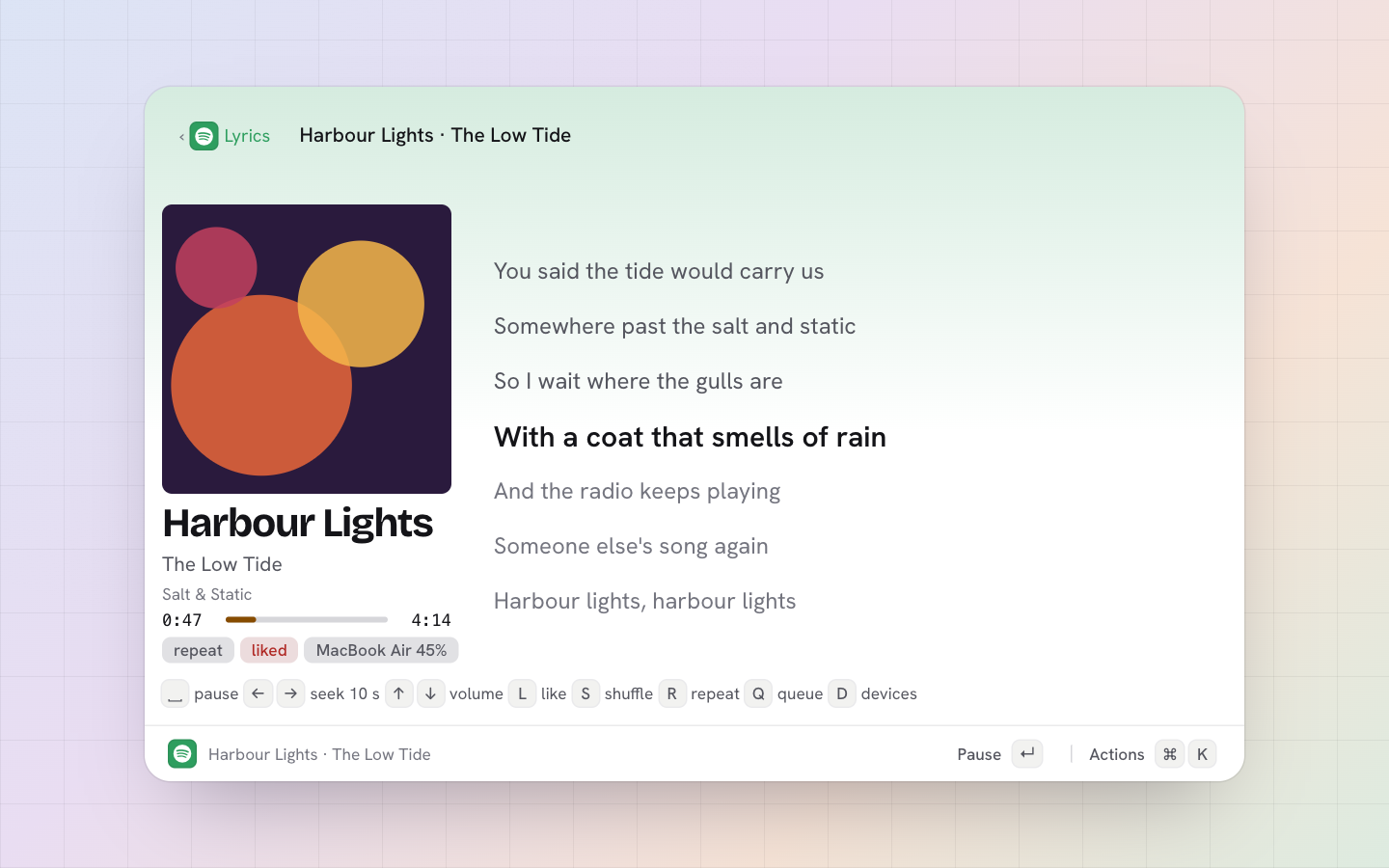 Spotify: the cover, the progress bar and synced lyrics around
        the line playing
