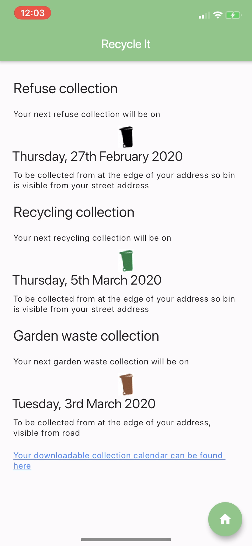 Bin Collection Page