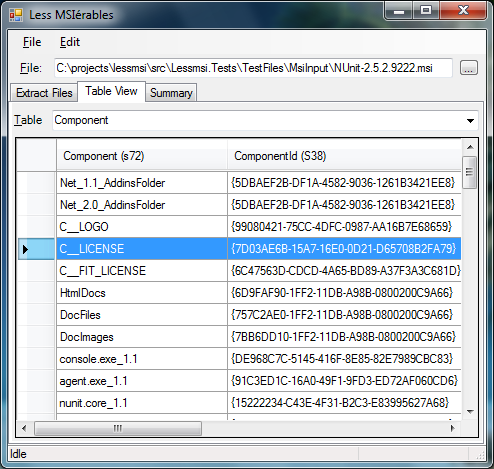 lessmsi Table Tab screenshot