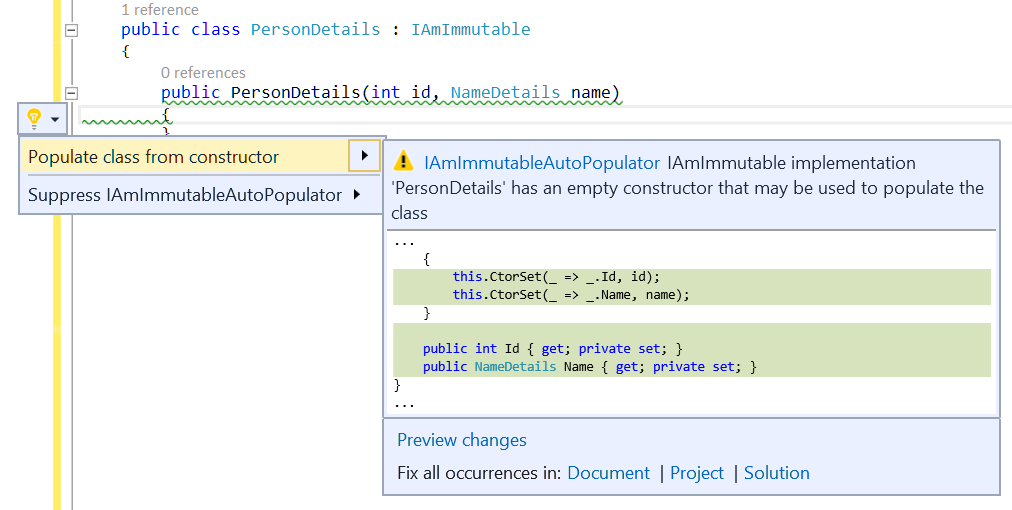 IAmImmutable class auto-population quick action option