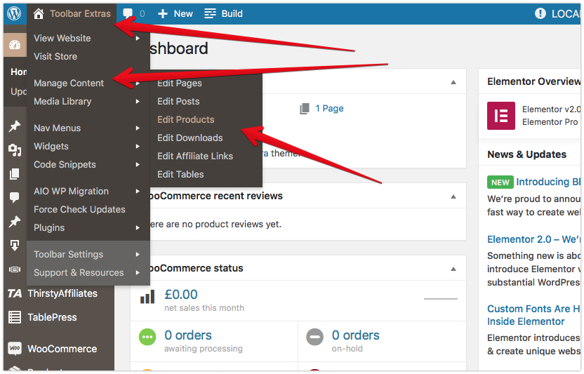 Toolbar Extras - extended "Site" Group - Manage Content - Pages, Posts, Products (when WooCommerce is active) and support for additional plugins as well ...