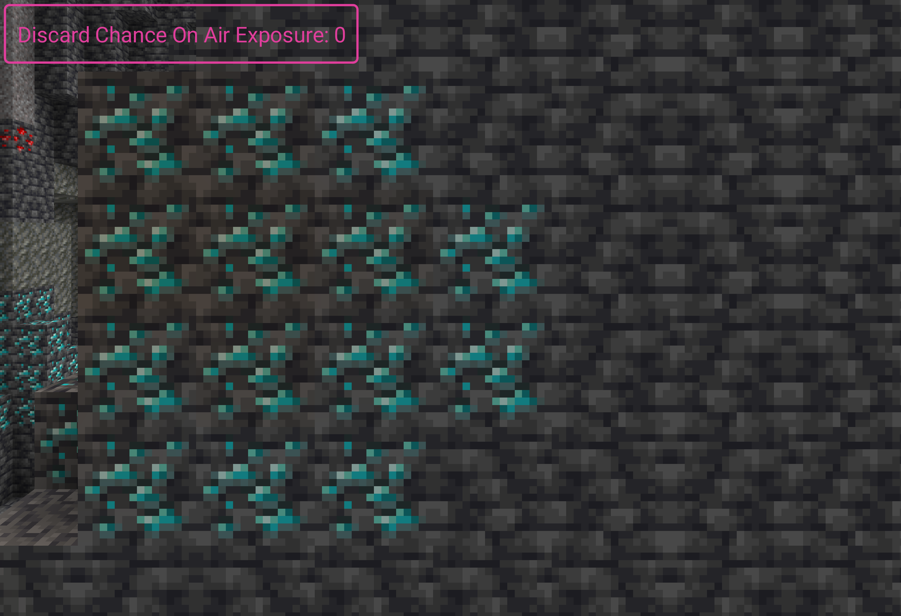 Ore generation with Discard Chance On Air Exposure set to 0, the diamond ore is visible from a cave