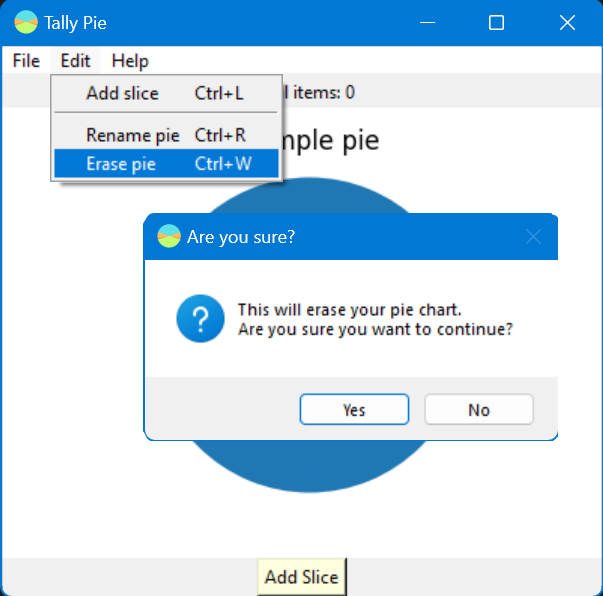 Screenshot of Tally Pie's UI with the Edit menu expanded, the Erase pie menu item highlighted, and the confirmation dialogue box open