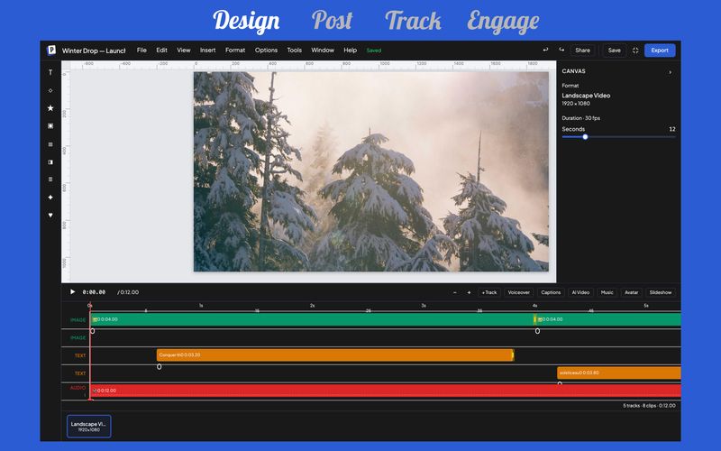 Design — the Postmill designer: canvas with a multi-track video timeline