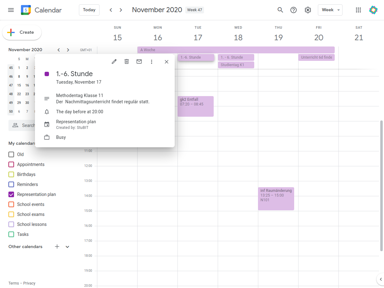 Synced calendar on Google Calendar