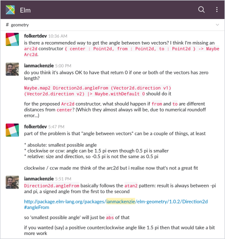 Elm Slack #geometry channel conversation