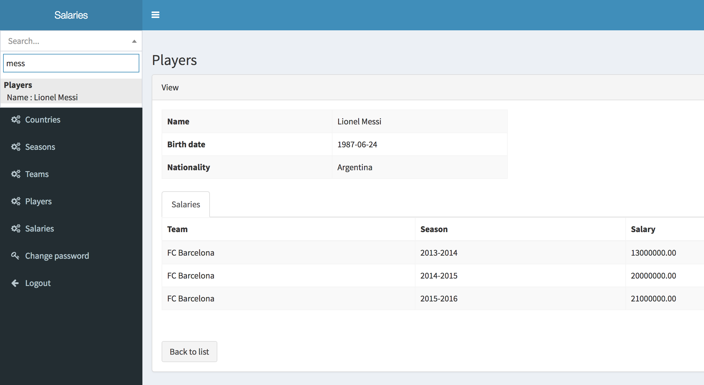 Footballers salaries adminpanel screenshot