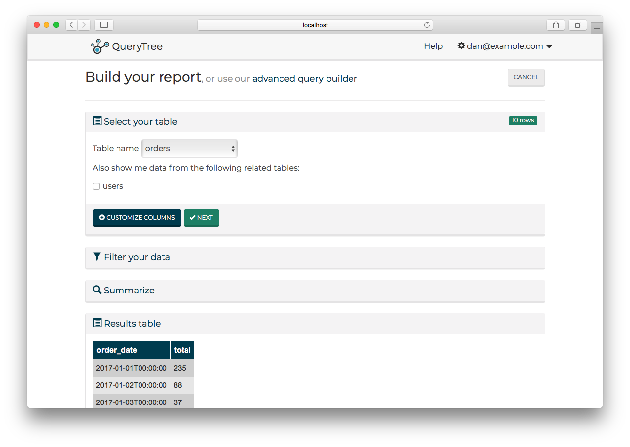 The QueryTree create report page