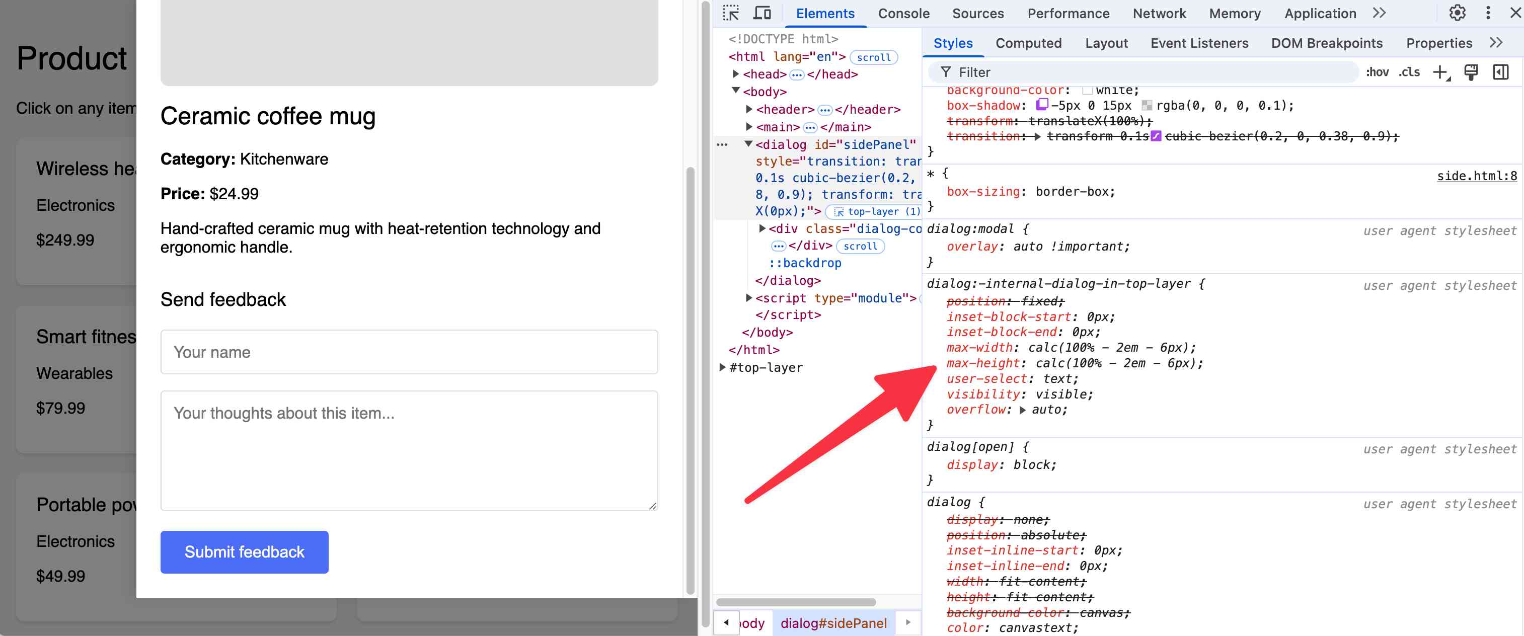 Some thing in the Chrome DevTools. An arrow points to a line from the user agent stylesheet which applies max-height: calc(100% - 6px - 2em) to dialog:-internal-dialog-in-top-layer