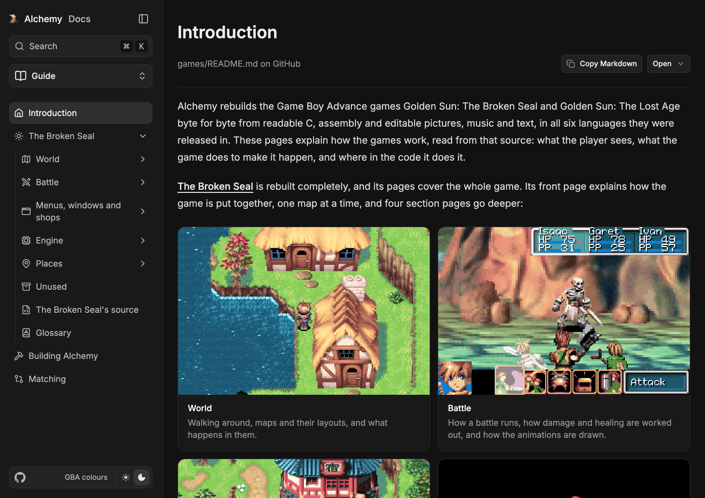 The front page of Alchemy's documentation, with its World and Battle sections