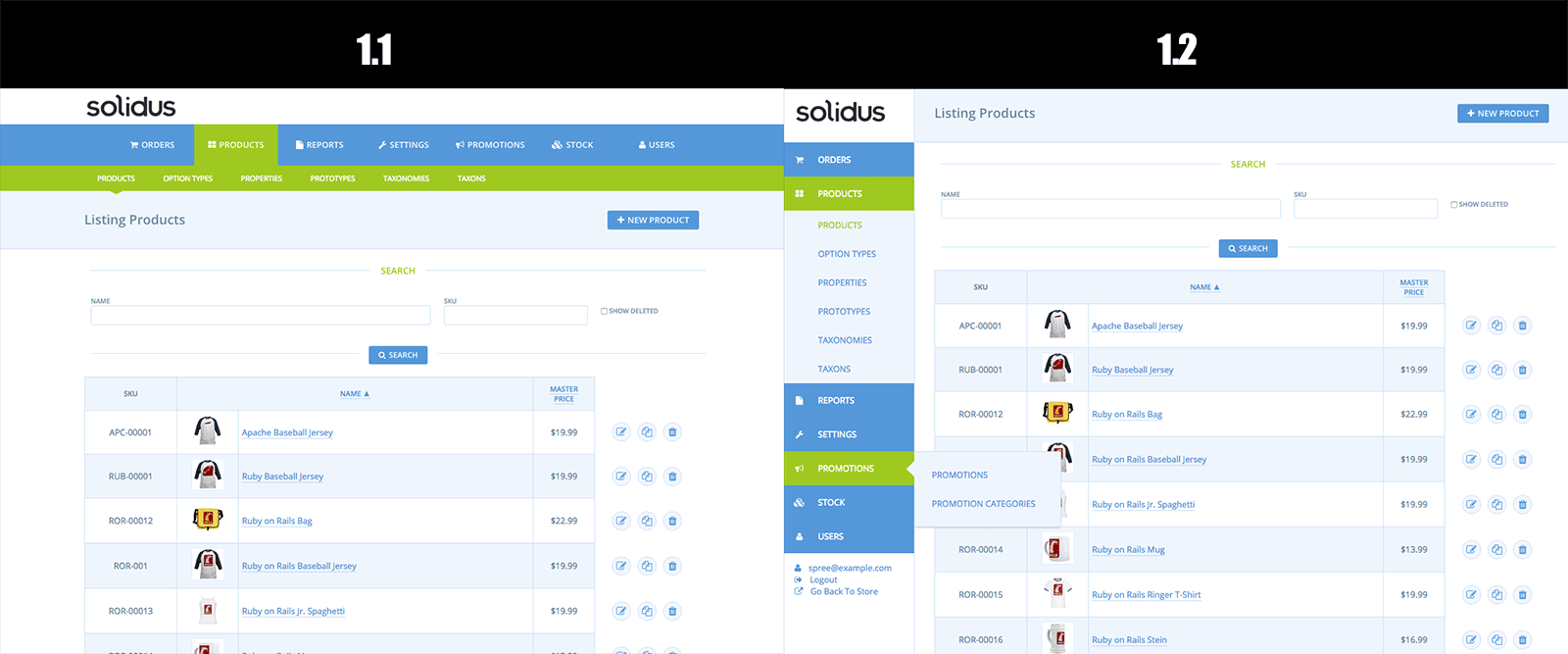 admin menu before and after