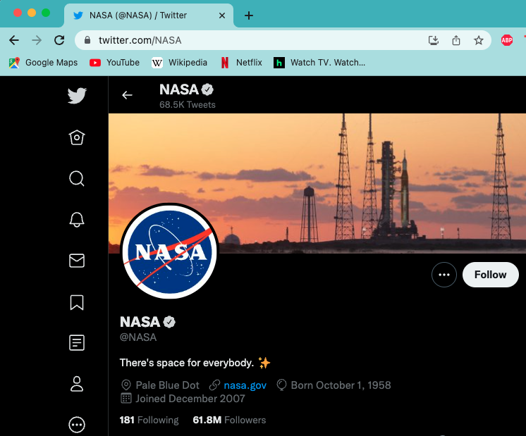 Screenshot of NASA Twitter profile with URL twitter.com/NASA