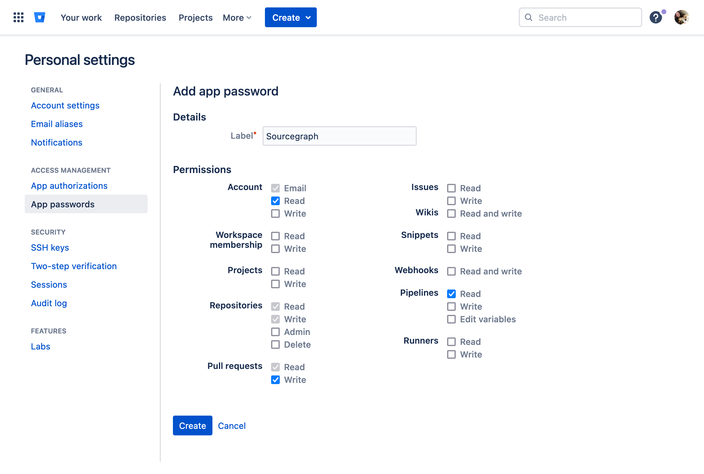 The Bitbucket Cloud app password creation page