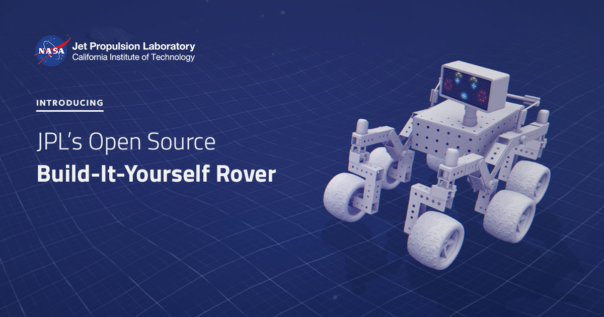 An illustration of the build-it-yourself JPL open source rover posed on a blueprint-style terrain.