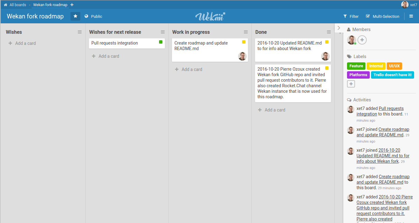 Our roadmap is self-hosted on Wekan fork