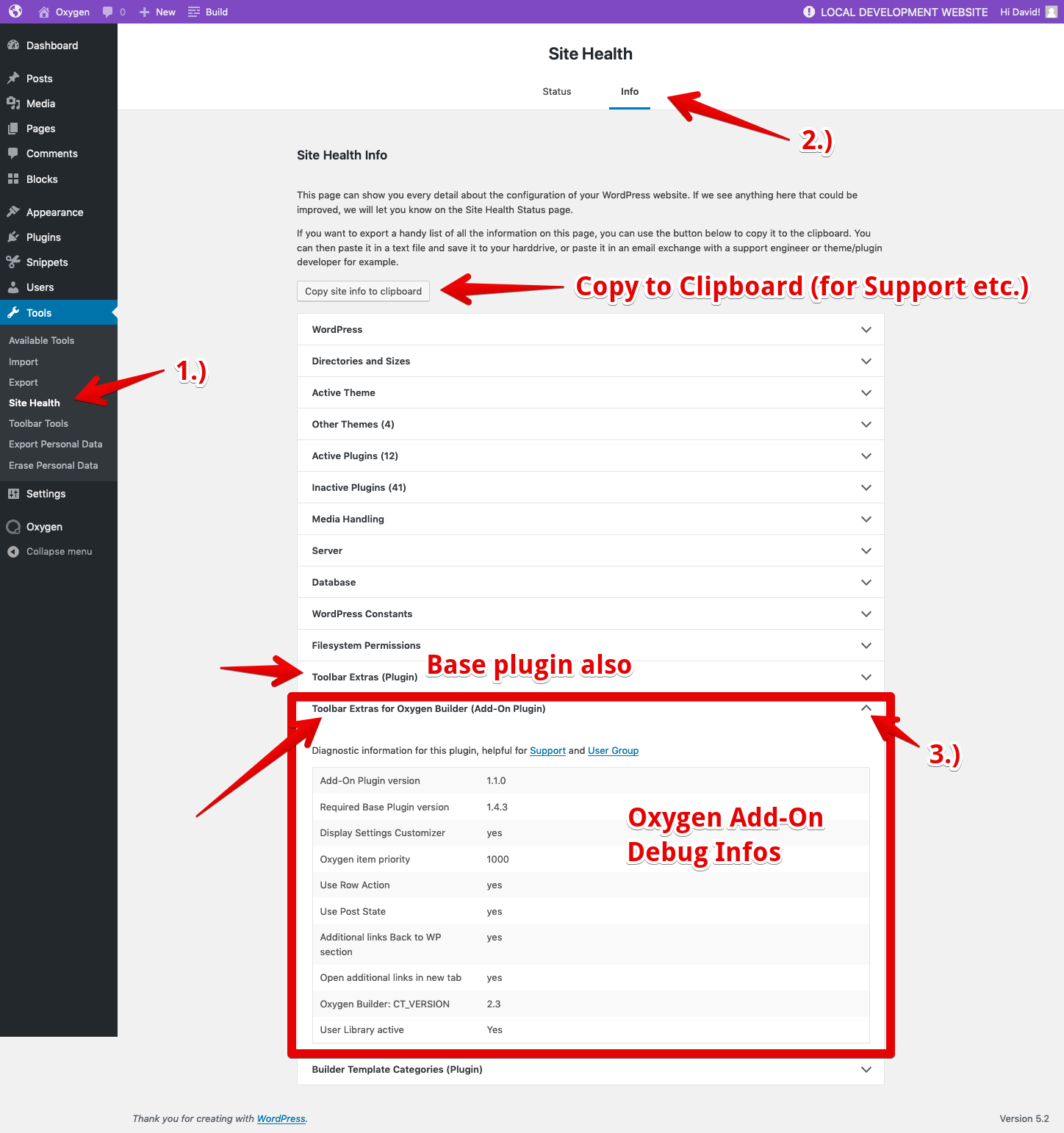 Site Health Debug Info screen with additional info (WP 5.2+)