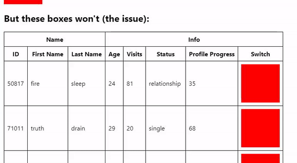 a table with boxes that won't transition