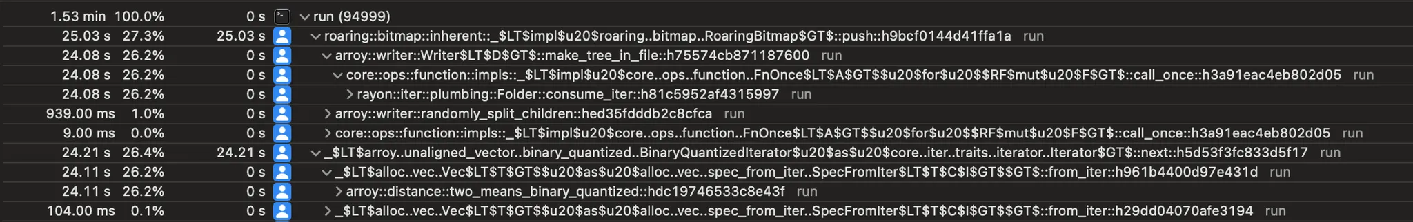 Profiling backtrace showing slow 1-bit to 32-bit float conversion