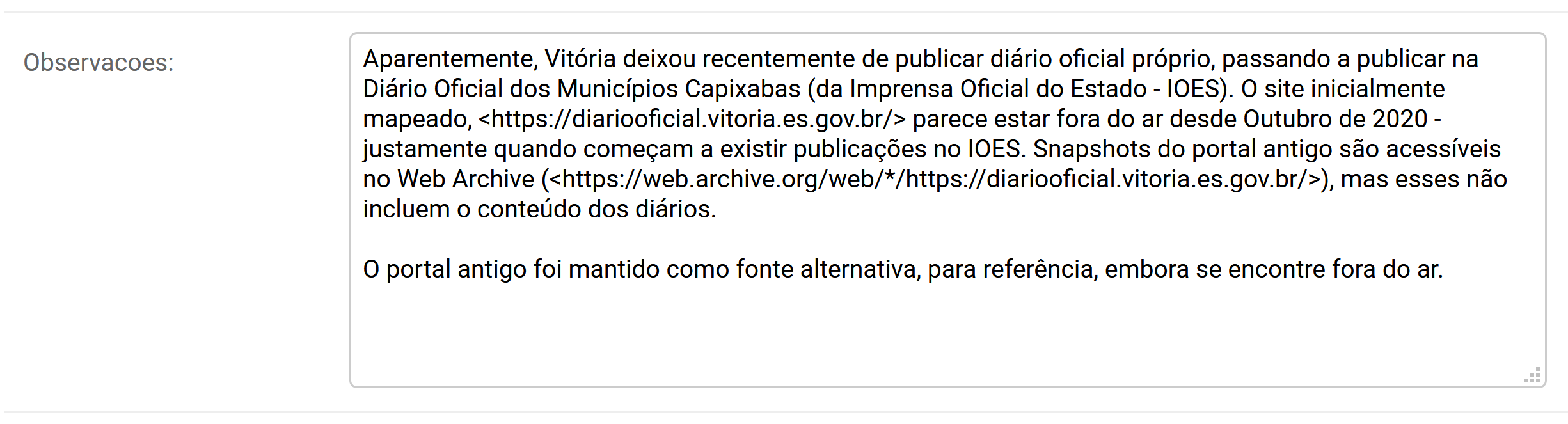 Exemplo de campo "Observações" para o município de Vitória (ES)