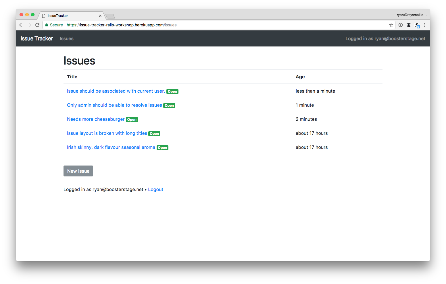 Screenshot of issue list