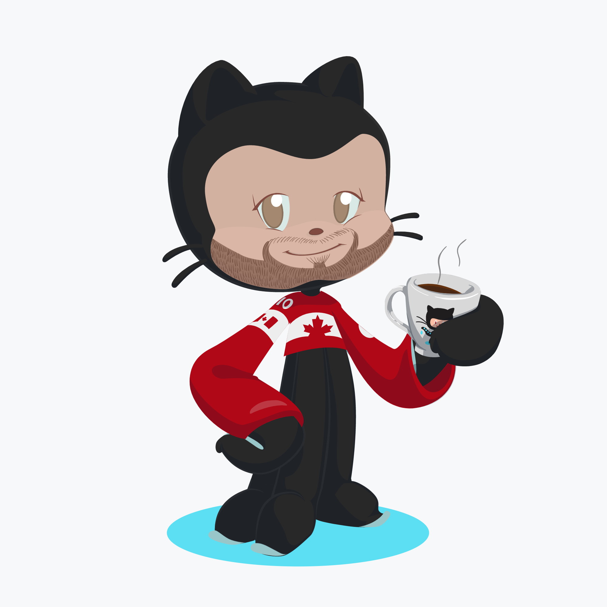 An octocat with a beard, Canadian sports jersey, and coffee mug