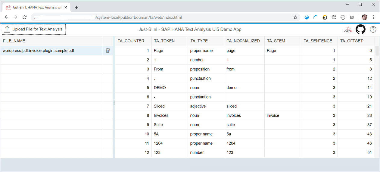 Overview of the UI5 Upload Demo App for exploring SAP HANA Text Analysis