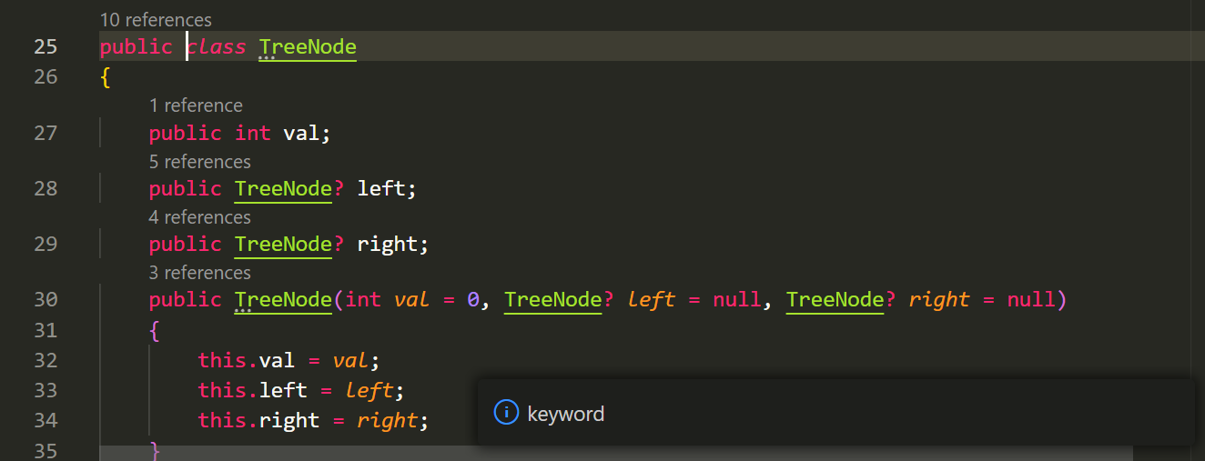 The image shows a C# code snippet that defines a class named "TreeNode" . The cursor is positioned at the beginning of the "class"; keyword, which is highlighted. At the bottom of the interface, an informational message labeled "keyword"; indicates the type of token currently being hovered over. This auditory feedback feature helps users easily identify syntax elements in their code.