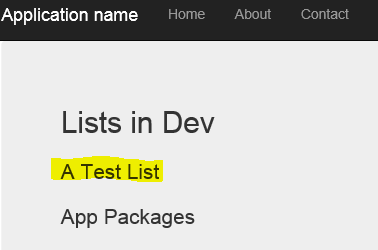 The text in the image: Lists in Dev. A Test List. App Packages.