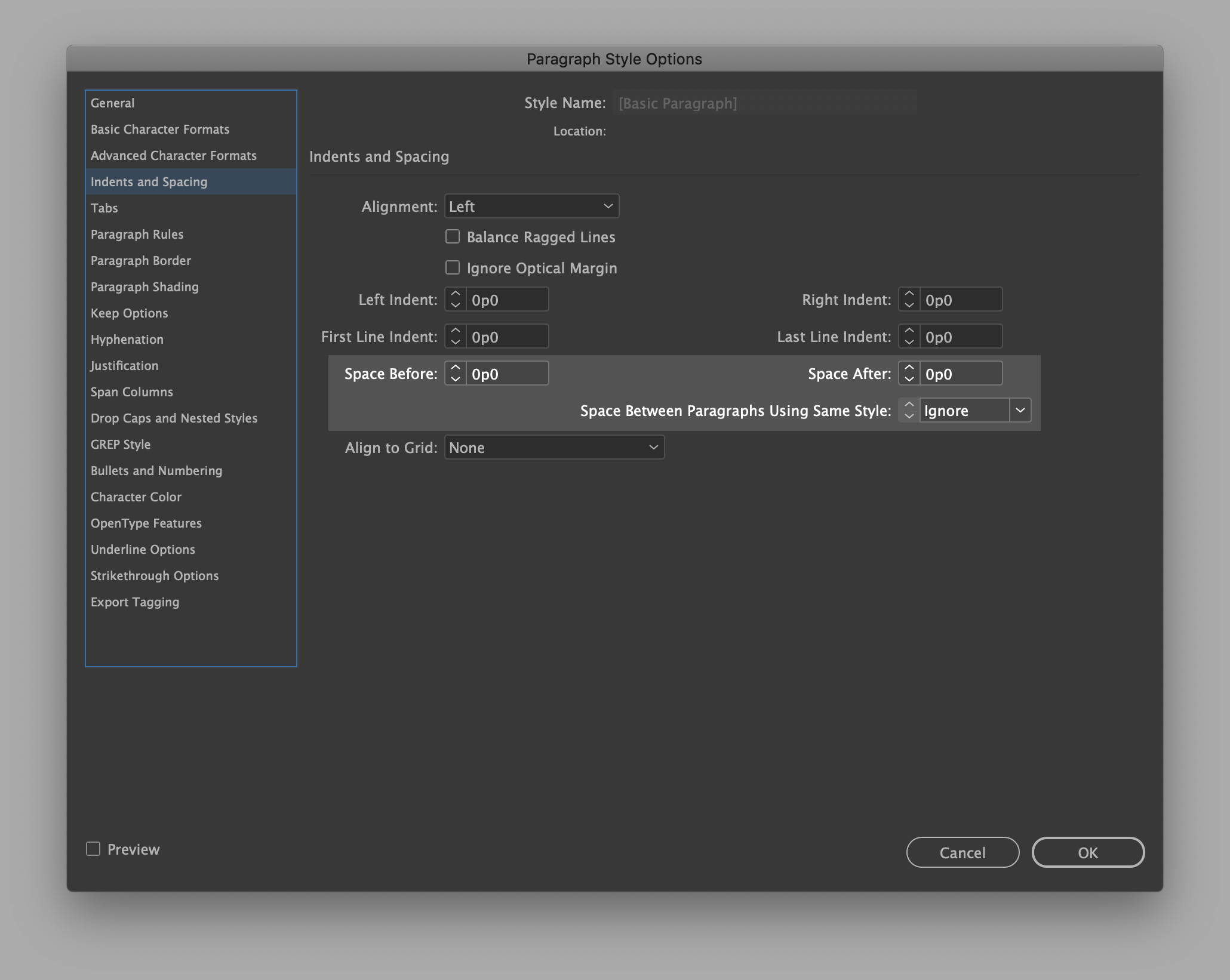 The InDesign Paragraph Style Options panel, opened to the "Indents and Spacing" section, with the spacing options highlighted.